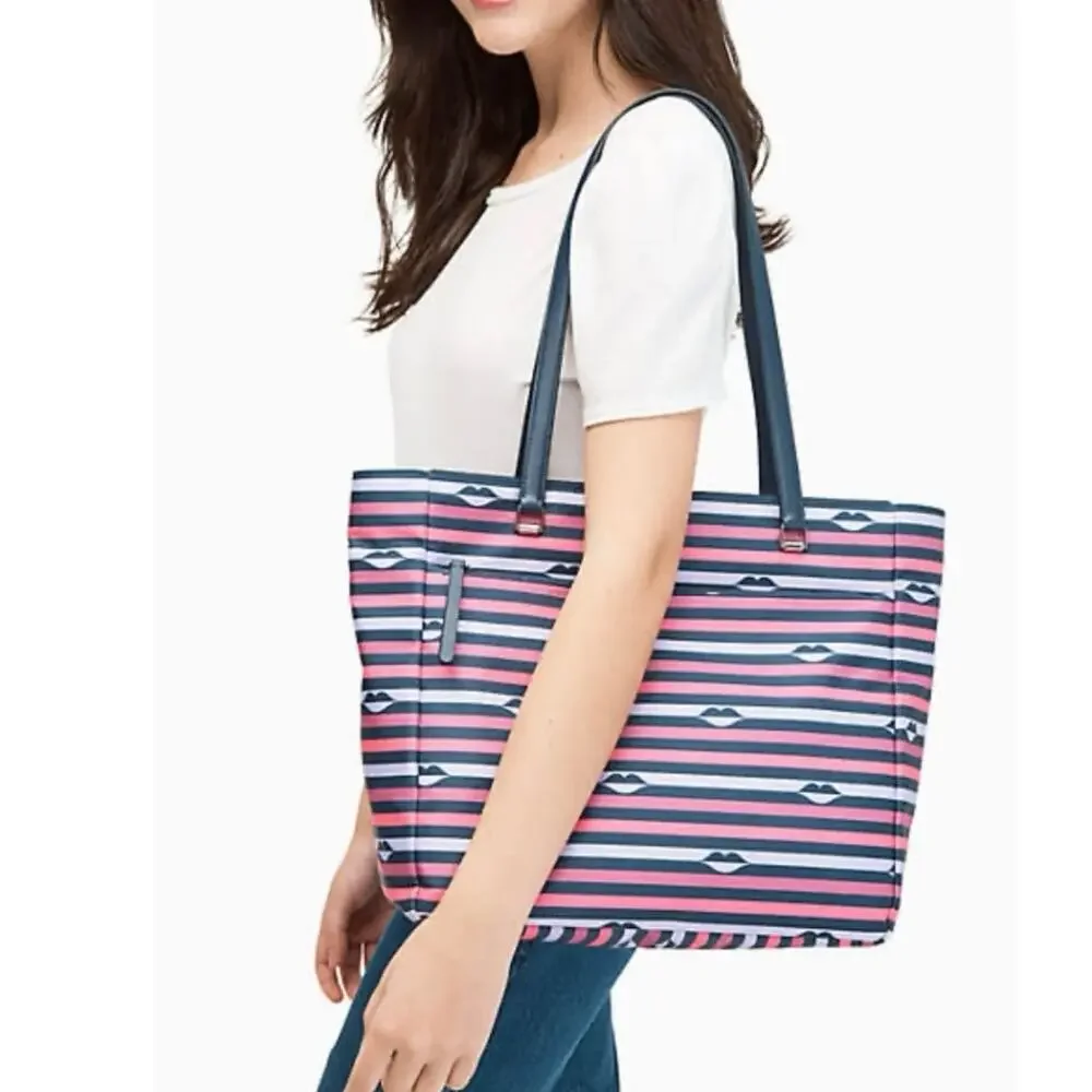 NEW KATE SPADE Jae Nylon Striped Lip Print Large Tote Shoulder Bag Purse Novelty - Picture 1 of 8